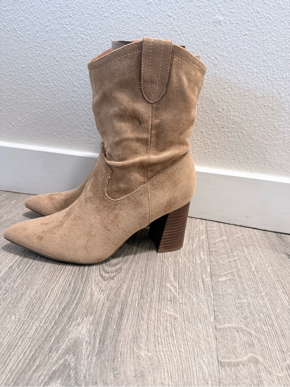 Vici Tan Suede Pointed-Toe Block Heel Ankle Boots